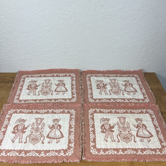 Other - Vintage‎ Set Of 4 Austrian Placemats Pink Fringe Woven Folk Art Cotton/Linen